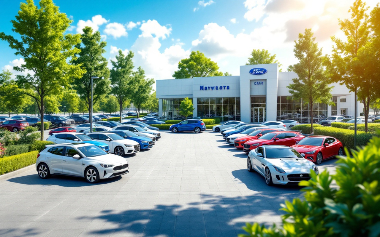 Une vue d'un concessionnaire automobile présentant des voitures neuves, sous un ciel ensoleillé avec une végétation luxuriante autour. Les voitures modernes de différentes couleurs sont bien alignées sur le terrain.