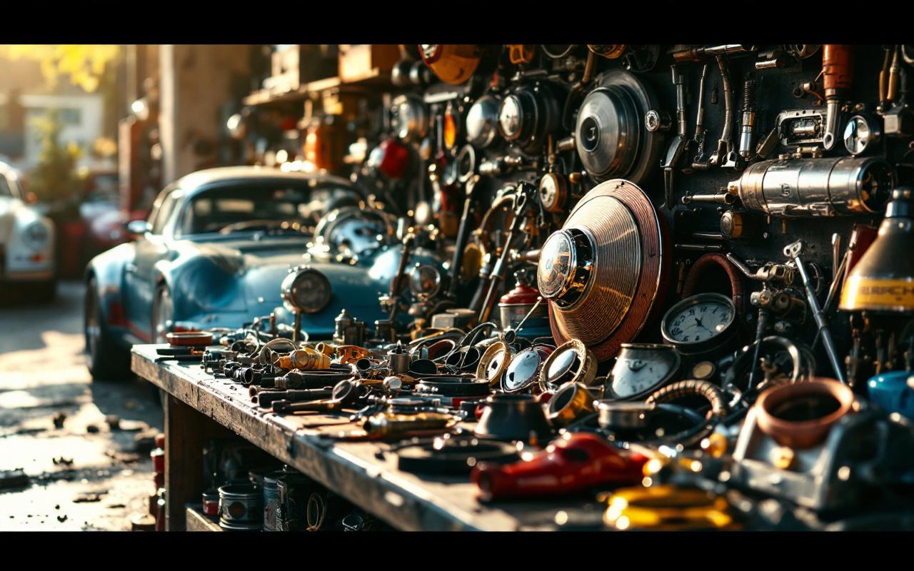 Illustration montrant des pièces de Porsche vintage exposées dans un garage, mettant en avant le chrome brillant et les peintures colorées dans une ambiance lumineuse et chaleureuse.