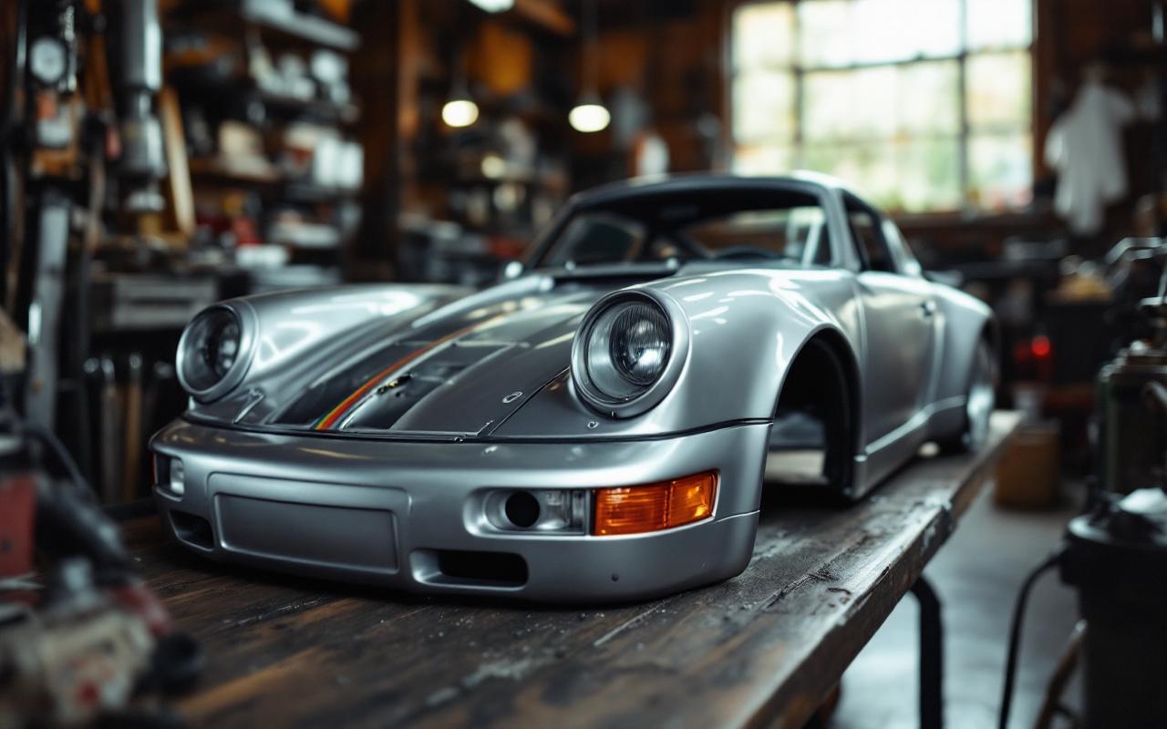 Vue d'une pièce de Porsche 964 dans un atelier de restauration, montrant des outils et des équipements autour, avec une lumière chaude et une atmosphère naturelle.