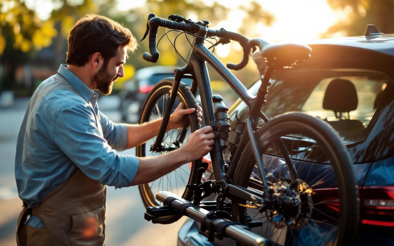 Un conducteur attache des vélos à un porte-vélos fixé au coffre d'une voiture avec des sangles, sur un parking résidentiel au matin, lumière douce et chaude, détails des vélos et des mains serrant les sangles