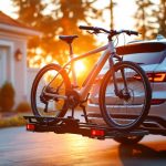 Voiture avec un porte-vélos d'attelage chargé de deux vélos électriques, stationnée dans une allée résidentielle au coucher du soleil. Lumière dorée volumétrique, tons chauds et bleus, reflets naturels sur le métal et sangles de fixation visibles.