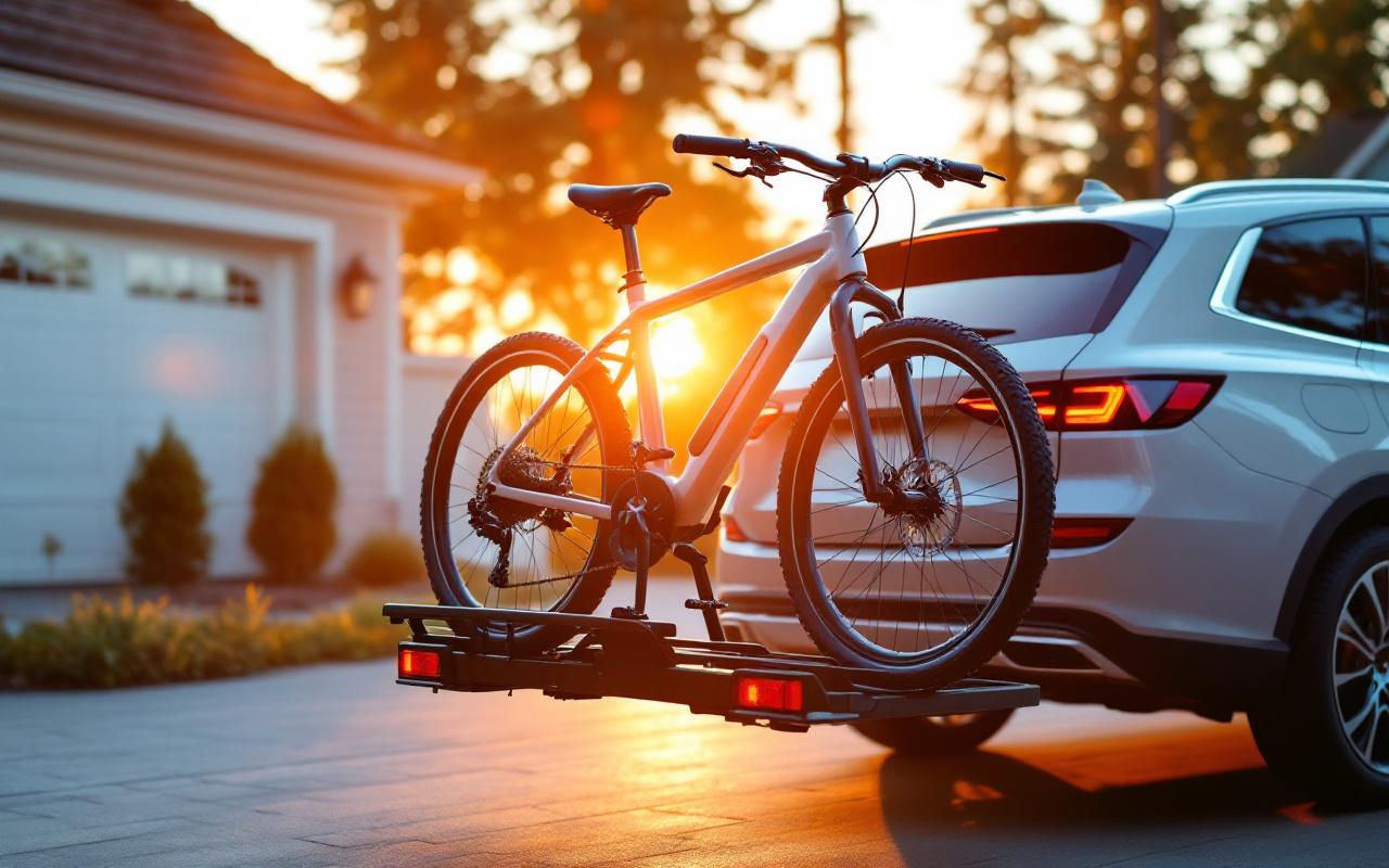 Voiture avec un porte-vélos d'attelage chargé de deux vélos électriques, stationnée dans une allée résidentielle au coucher du soleil. Lumière dorée volumétrique, tons chauds et bleus, reflets naturels sur le métal et sangles de fixation visibles.