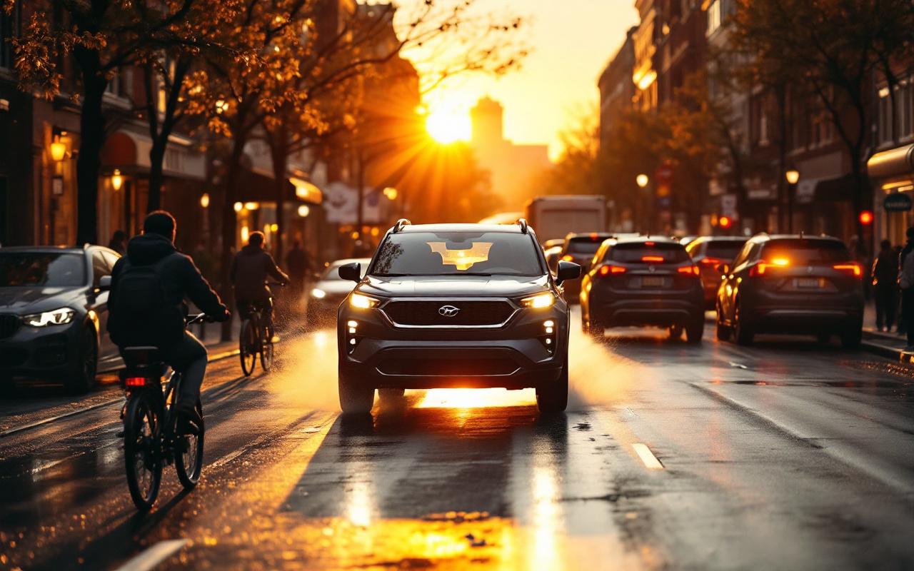 Petit SUV urbain circulant dans une rue animée, entouré de voitures, vélos et piétons, façades de magasins en arrière-plan, reflets chauds du coucher de soleil sur la chaussée humide.