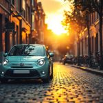 Vue photoréaliste d'une petite voiture de ville garée dans une rue urbaine étroite, pavés mouillés et bâtiments en briques, vélos appuyés le long des façades, lumière douce du coucher de soleil avec rayons volumétriques, couleurs sobres gris, ocre et bleu-vert.