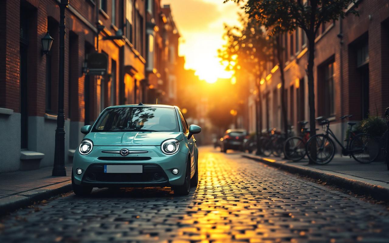 Vue photoréaliste d'une petite voiture de ville garée dans une rue urbaine étroite, pavés mouillés et bâtiments en briques, vélos appuyés le long des façades, lumière douce du coucher de soleil avec rayons volumétriques, couleurs sobres gris, ocre et bleu-vert.