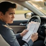 Conducteur examinant un contrat d assurance auto dans sa voiture