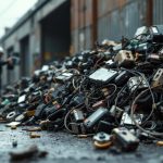 Batterie de trottinette électrique usagée rassemblée dans une ambiance urbaine, avec un ferrailleur et un point de collecte en arrière-plan.