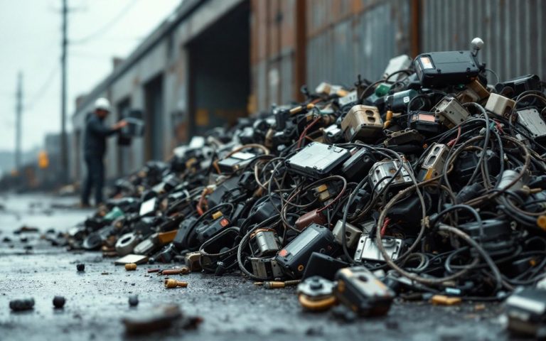Batterie de trottinette électrique usagée rassemblée dans une ambiance urbaine, avec un ferrailleur et un point de collecte en arrière-plan.