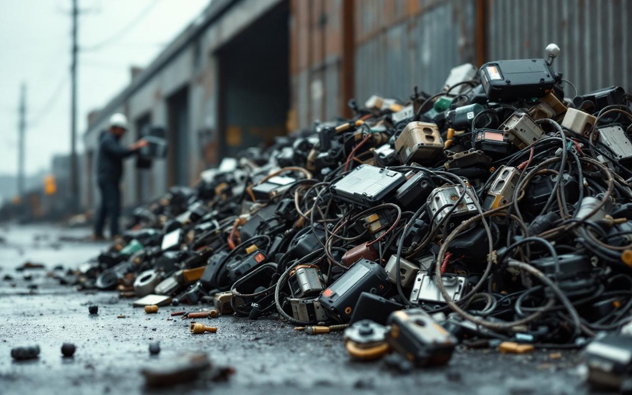 Batterie de trottinette électrique usagée rassemblée dans une ambiance urbaine, avec un ferrailleur et un point de collecte en arrière-plan.
