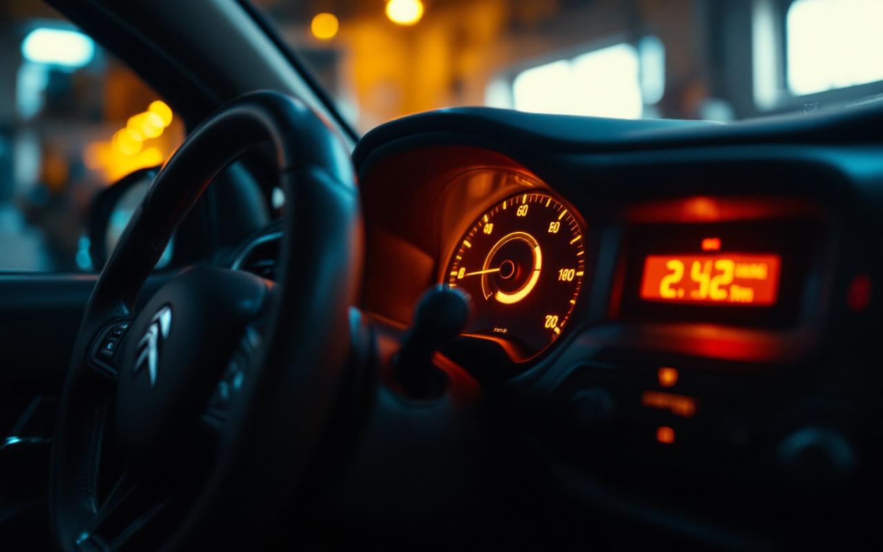 Gros plan d’une Citroën C3 essence dans un garage, avec le tableau de bord allumé et un voyant moteur visible, ambiance automobile éditoriale.