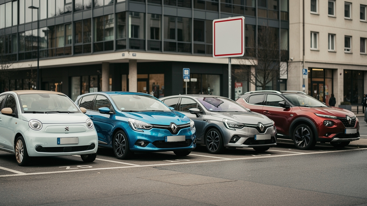 Comparatif visuel de quatre voitures compactes (AMI, Peugeot 208, Renault Clio et Nissan Juke) garées côte à côte dans un parking urbain, dans une zone à faibles émissions, sans personnes.