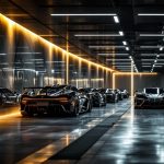 Garage de supercars luxueux à Monaco, éclairage sophistiqué et hypercars alignées, ambiance éditoriale haut de gamme.