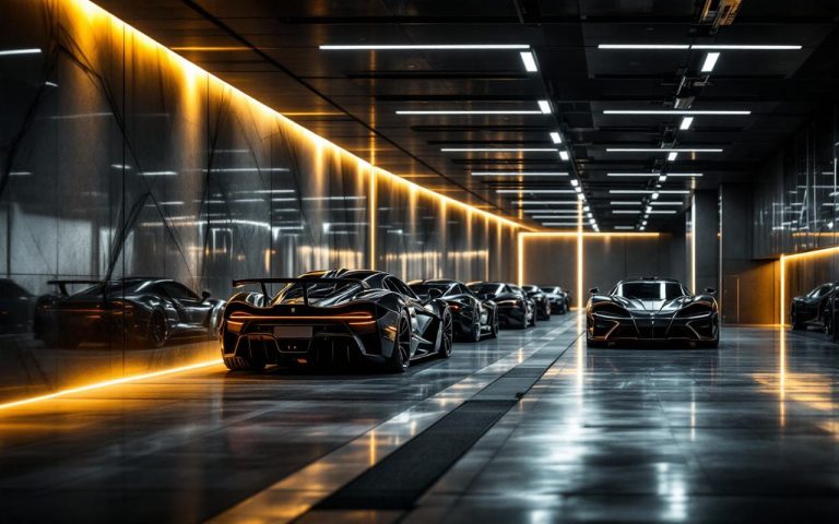 Garage de supercars luxueux à Monaco, éclairage sophistiqué et hypercars alignées, ambiance éditoriale haut de gamme.