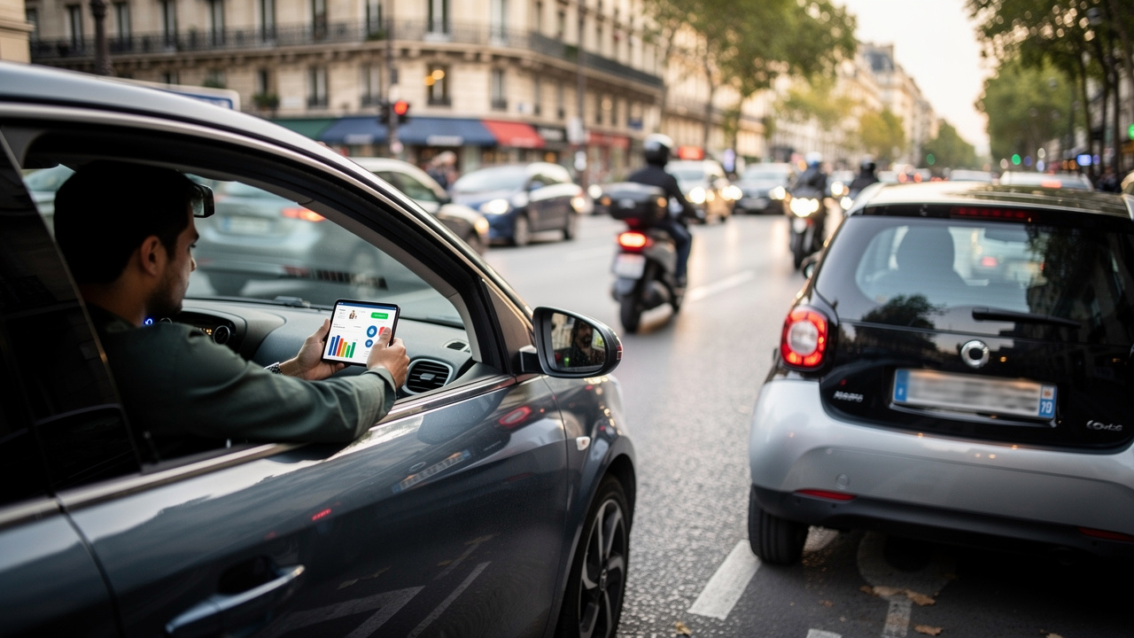Rue d’une grande ville en 2026, voitures en circulation dense et citadine garée, un conducteur compare ses dépenses automobiles sur son smartphone.