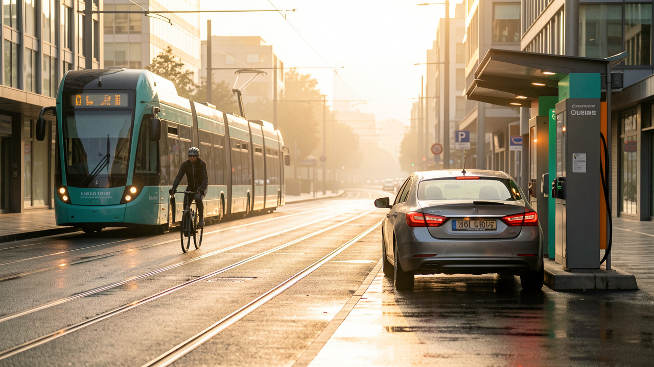 Scène de mobilité urbaine : un cycliste circule près d’un tramway dans une grande ville, avec une voiture en autopartage au bord de la route.