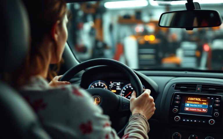 Tableau de bord de voiture avec voyants lumineux et message de contrôle allumé, conductrice attentive, vue depuis l’habitacle dans un atelier automobile.