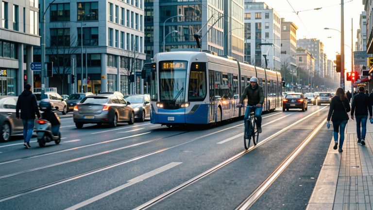 Scène urbaine moderne avec un tramway, un cycliste, un scooter et des piétons près de la route, avec des voitures en circulation.