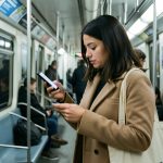 Une jeune salariée consulte son téléphone et son titre de transport sans contact dans une rame du métro parisien pendant son trajet domicile-travail.