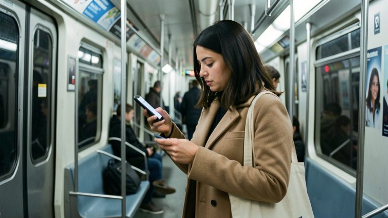 Une jeune salariée consulte son téléphone et son titre de transport sans contact dans une rame du métro parisien pendant son trajet domicile-travail.