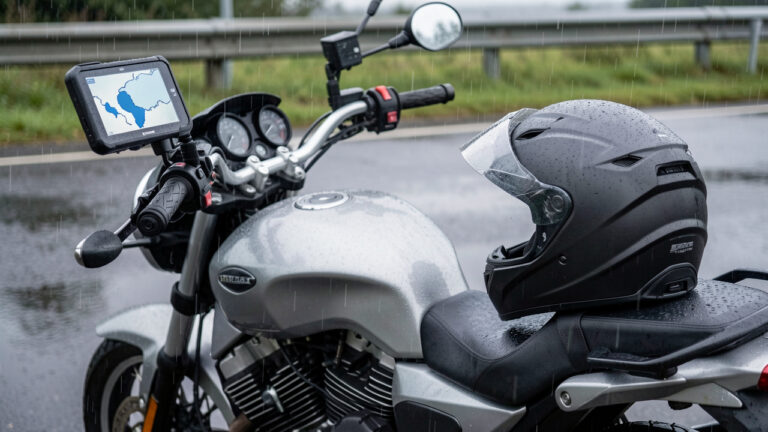 Moto de tourisme stationnée sous une pluie légère, avec un GPS étanche allumé sur le guidon et un casque Bluetooth posé sur la selle.