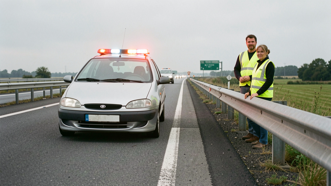 Une voiture immobilisée sur une bande d’arrêt d’urgence, feux de détresse allumés, avec un homme et une femme en gilets jaunes derrière une glissière de sécurité.